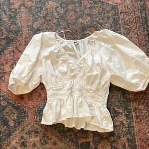 White Puff Sleeve Smocked Waist Peplum Top